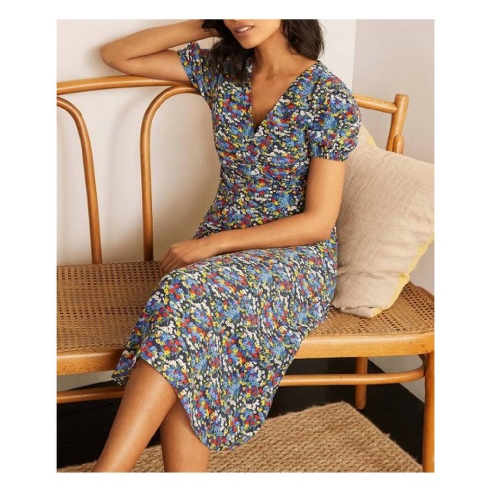Boden Tessa Midi dress french navy yellow micro floral puff sleeve v neck 6p